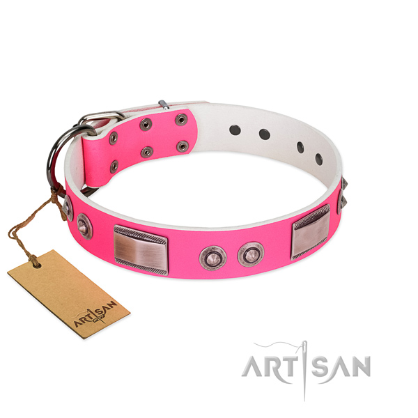Easy adjustable full grain genuine leather collar with decorations for your doggie