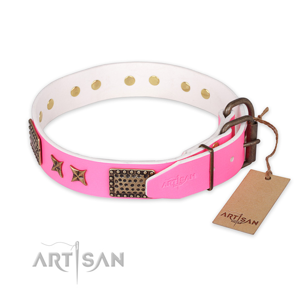 Corrosion resistant buckle on full grain leather collar for your stylish pet