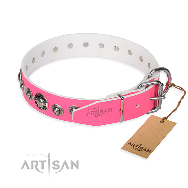 Genuine leather dog collar made of gentle to touch material with rust resistant embellishments