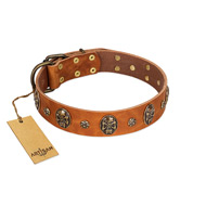 "Rockstar" FDT Artisan Tan Leather Bulldog Collar with Engraved Studs and Medallions