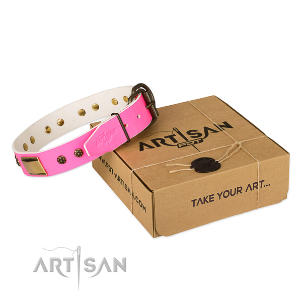 Adorned natural genuine leather collar for your attractive doggie