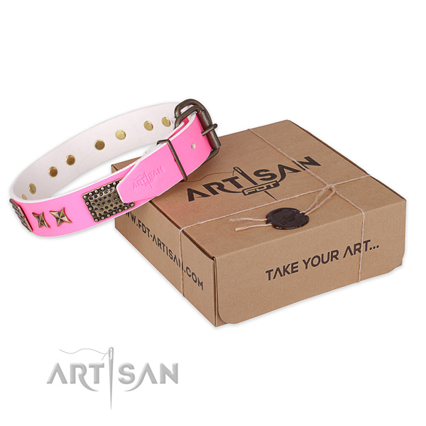 Corrosion proof traditional buckle on natural genuine leather collar for your lovely pet