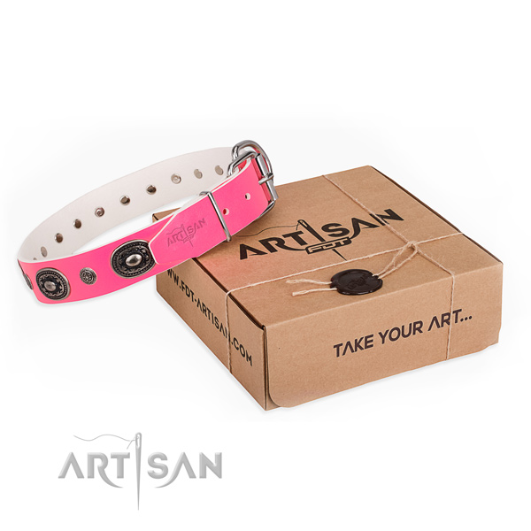 Durable full grain genuine leather dog collar created for comfy wearing