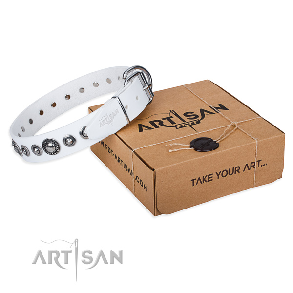 Leather dog collar made of flexible material with corrosion proof buckle