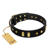 "De Luxe" FDT Artisan Black Leather Bulldog Collar with Old Bronze-like Plates and Studs