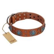 "Blue Sands" FDT Artisan Tan Leather Bulldog Collar with Silver-like Studs and Round Conchos with Stones