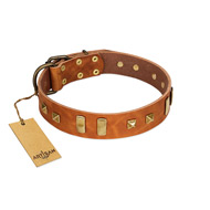"Sand of Time" FDT Artisan Tan Leather Bulldog Collar with Old Bronze-like Studs and Plates