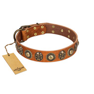 "Golden Epoch" FDT Artisan Tan Leather Bulldog Collar with Old Bronze-plated Medallions and Conchos