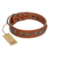"Luxurious Life" Premium Quality FDT Artisan Tan Leather Bulldog Collar with Round Adornments
