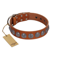 "Velvet Kiss" Handmade FDT Artisan Tan Leather Bulldog Collar with Vintage Medallions