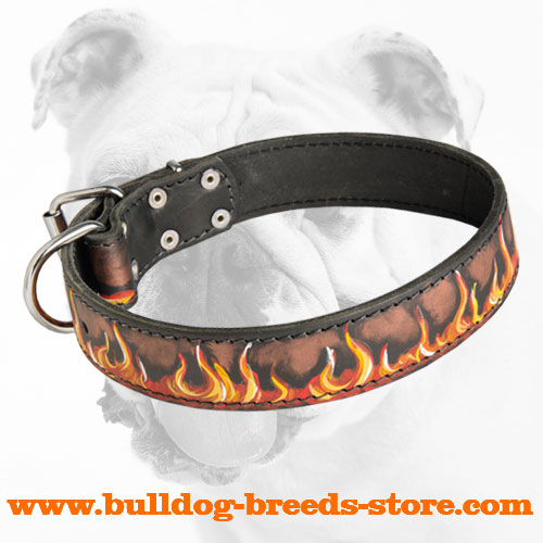 Genuine Leather Bulldog Collar with Flames