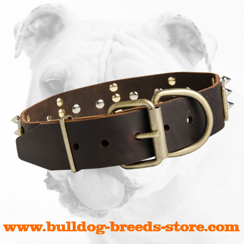 Spiked and Plated War Leather Bulldog Collar with Buckle
