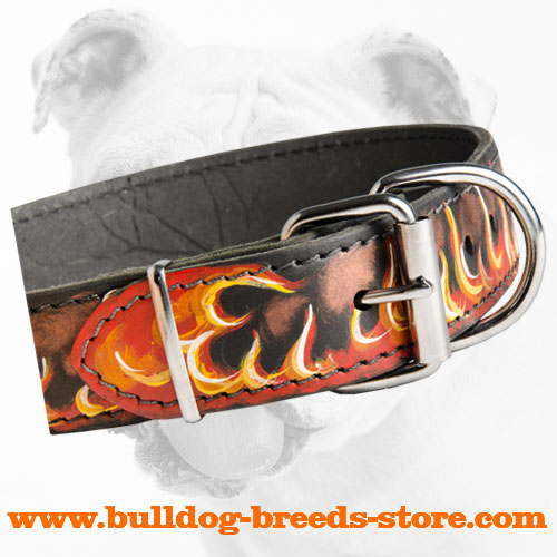 Rust Resistant Buckle on Leather Bulldog Collar Painted with Flames