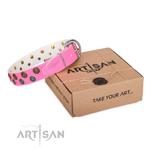 Decorated genuine leather dog collar for walking