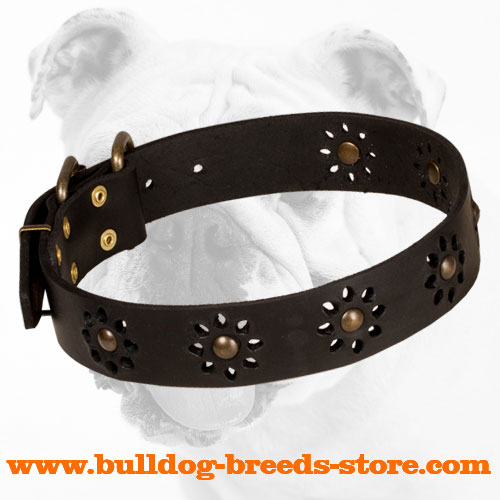 Stylish Adjustable Walking Black Leather Bulldog Collar