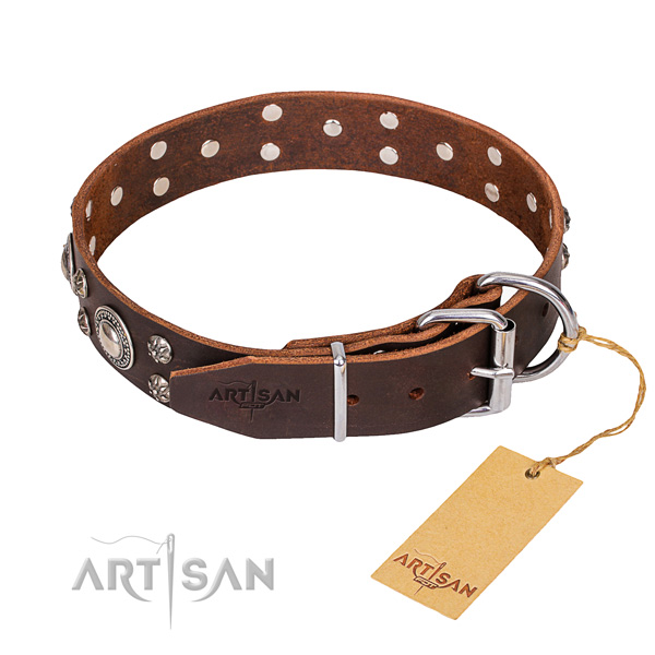 Genuine leather dog collar with thoroughly polished exterior