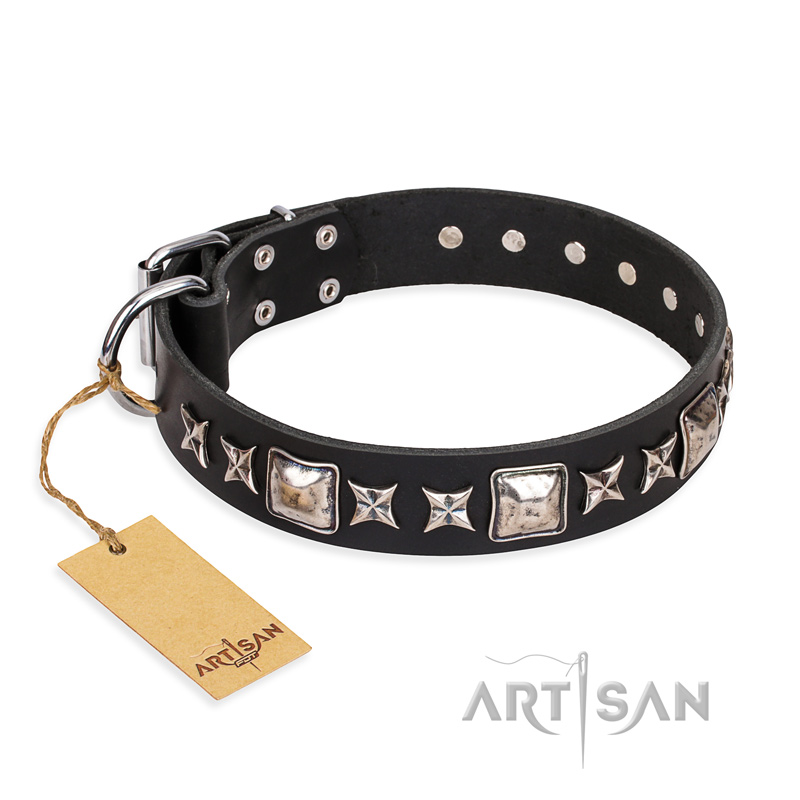 'Space Walk' FDT Artisan Black Leather Bulldog Collar with Adornments