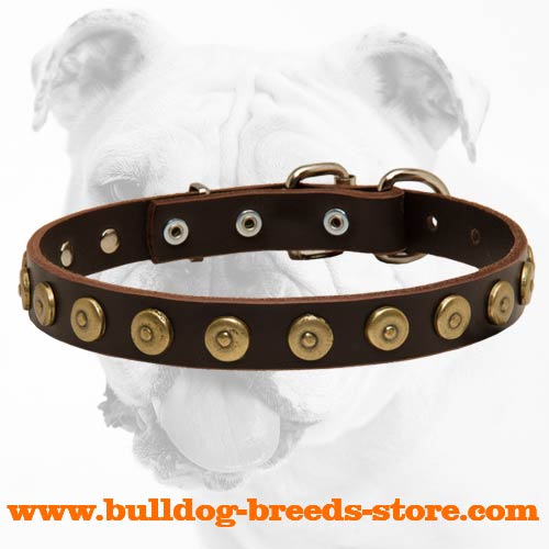 Leather Dog Collar With Doted Circle For British Bulldog