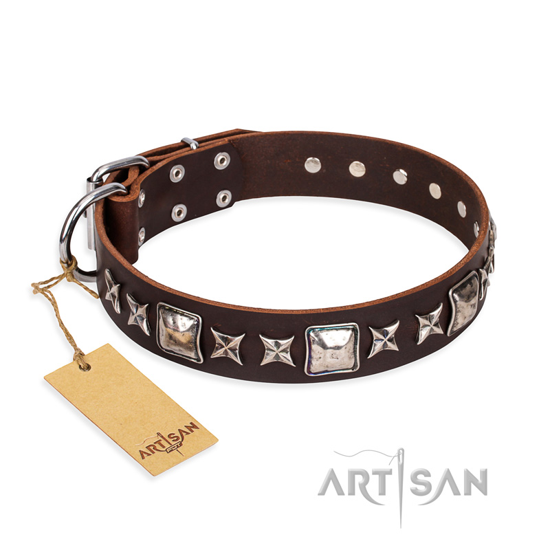 'Perfect Impression' FDT Artisan Bulldog Brown Leather Dog Collar with Silvery Square Studs - 1 1/2 inch (40 mm) Wide