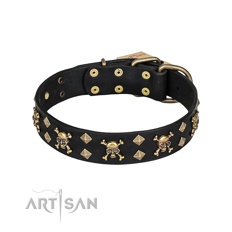 'Jolly Rojer' FDT Artisan Bulldog Leather Dog Collar with Pirate Skulls and Studs - 1 1/2 inch (40 mm) wide