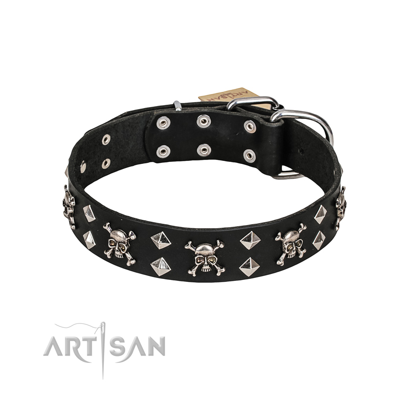 FDT Artisan 'Rock 'n' Roll Style' Leather Bulldog Collar with Skulls, Bones and Studs 1 1/2 inch (40 mm) wide
