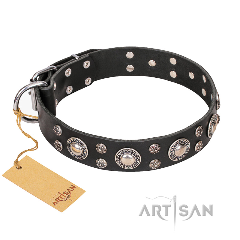 FDT Artisan 'Vintage Necklace' Studded Black Leather Bulldog Collar - 1 1/2 inch (40mm) wide