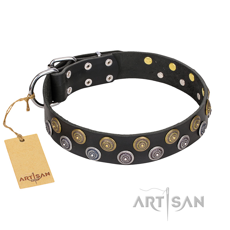 "Romantic Breeze" FDT Artisan Black Leather Bulldog Collar with Riveted Circles - Click Image to Close