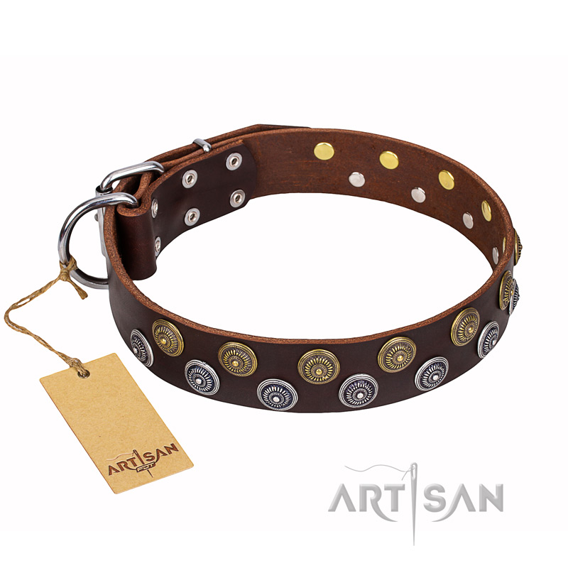 'Strong Shields' FDT Artisan Leather Bulldog Collar with Handset Exclusive Decor