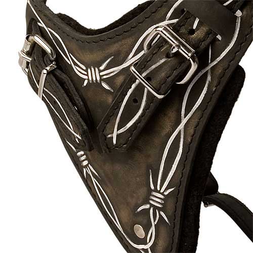 Hand painted "Barbed Wire" Leather Bulldog Harness for Walking