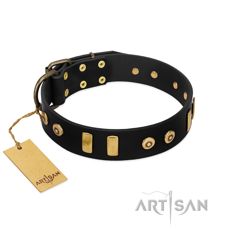 "Rare Dog" FDT Artisan Black Leather Bulldog Collar with Old Bronze-like Dotted Studs and Tiles
