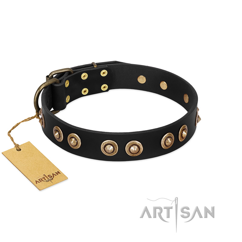 "Golden Artifact" FDT Artisan Black Leather Bulldog Collar with Old-bronze Covered Medallions
