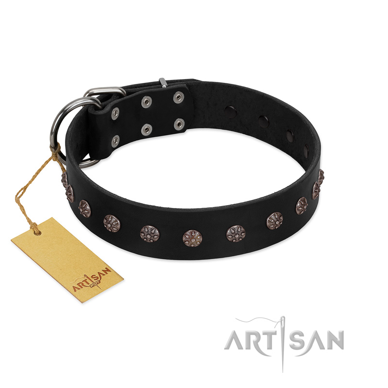 "Flower Rhapsody" FDT Artisan Premium Quaulity Black Leather Bulldog Collar