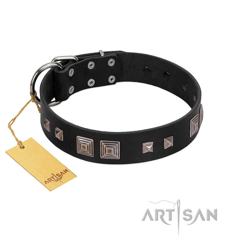 "Foregone Riches" FDT Artisan Black Leather Bulldog Collar with Old Silver-like Square Studs and Pyramids