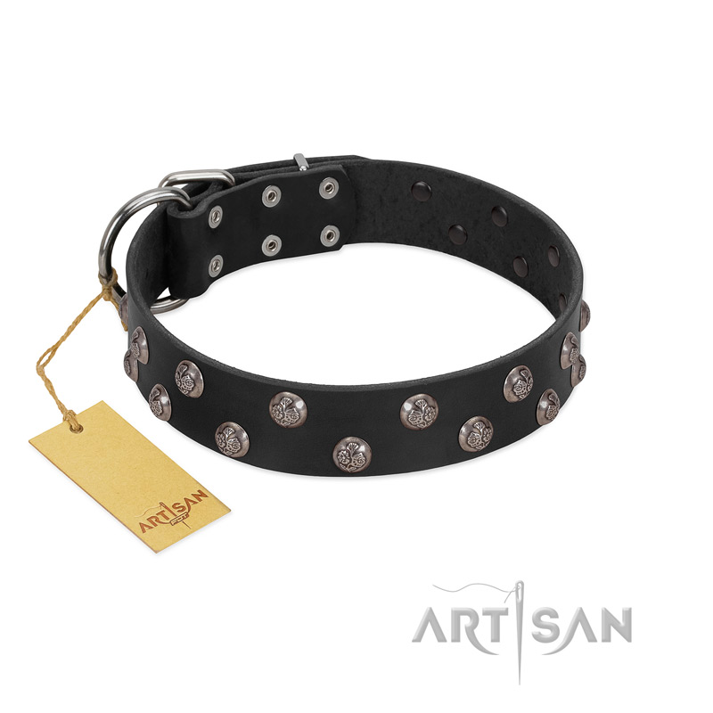 "Power-Flower" FDT Artisan Black Leather Bulldog Collar with Two Rows of Silver-like Studs with Engraved Flowers
