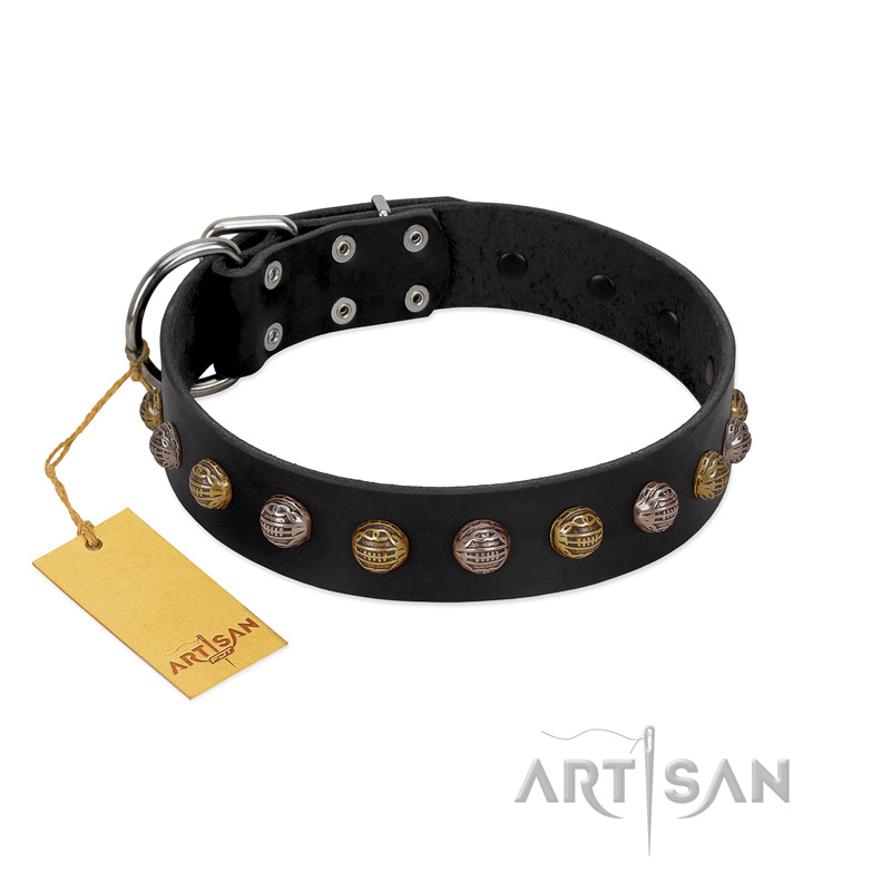 "Inky Prettification" FDT Artisan Black Leather Bulldog Collar with One Row of Studs - Click Image to Close