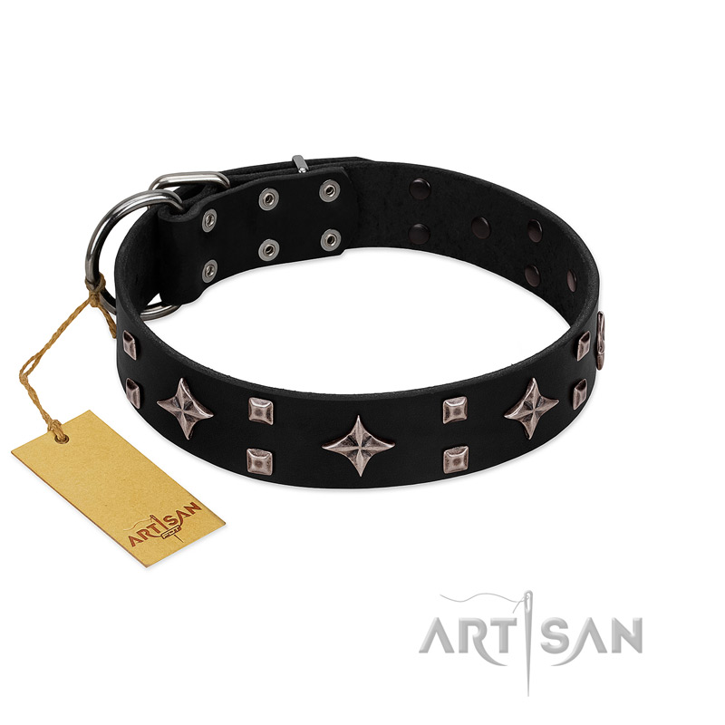 "Snappy Dresser" FDT Artisan Black Leather Bulldog Collar Adorned with Stars and Tiny Squares