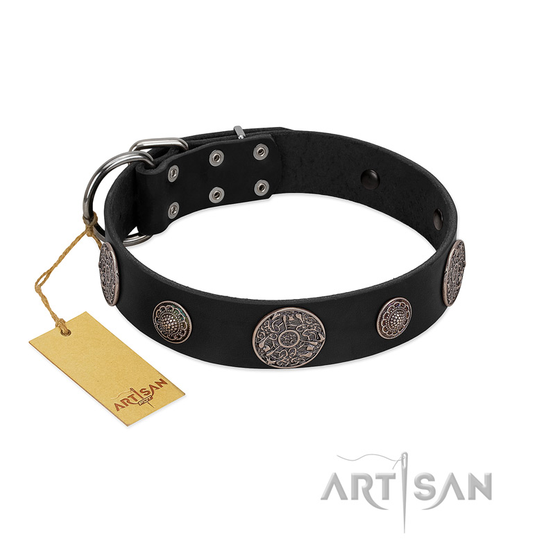 "Ad Infinitum" Durable FDT Artisan Black Leather Bulldog Collar with Chrome Plated Brooches