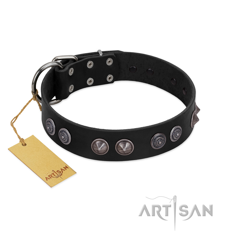 "Silver Medallions" Mod FDT Artisan Black Leather Bulldog Collar with Round Plates