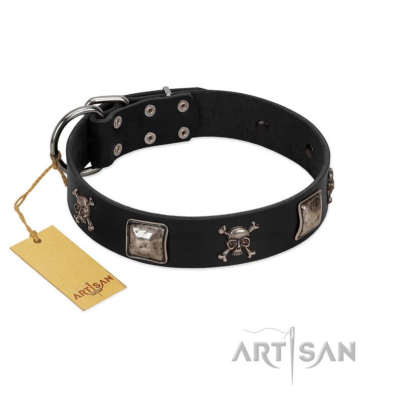"Sea Rover" Embellished FDT Artisan Black Leather Bulldog Collar with Chrome Plated Crossbones and Plates
