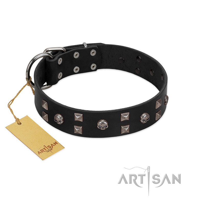 "Fire Eyes" Designer Handmade FDT Artisan Black Leather Bulldog Collar