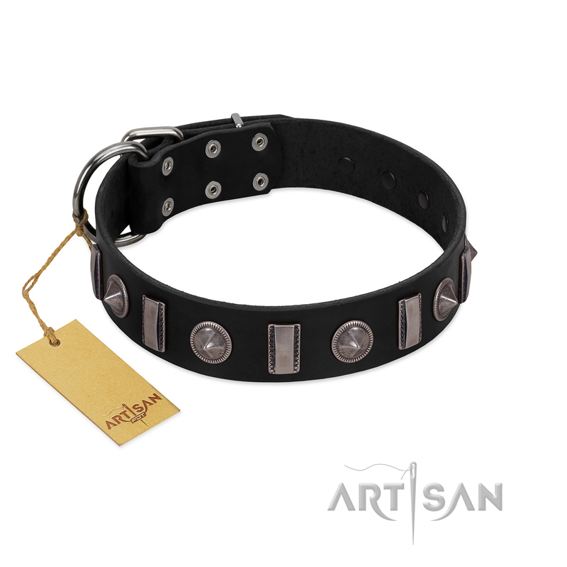 "Silver Spikes" Exclusive FDT Artisan Black Leather Bulldog Collar