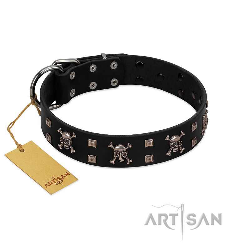 "Black Jack" Stylish Handmade FDT Artisan Black Leather Bulldog Collar