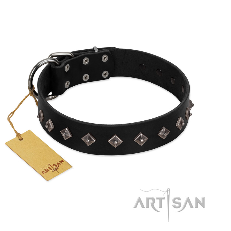 "Immense Power" Handcrafted FDT Artisan Black Leather Bulldog Collar with Small Dotted Pyramids