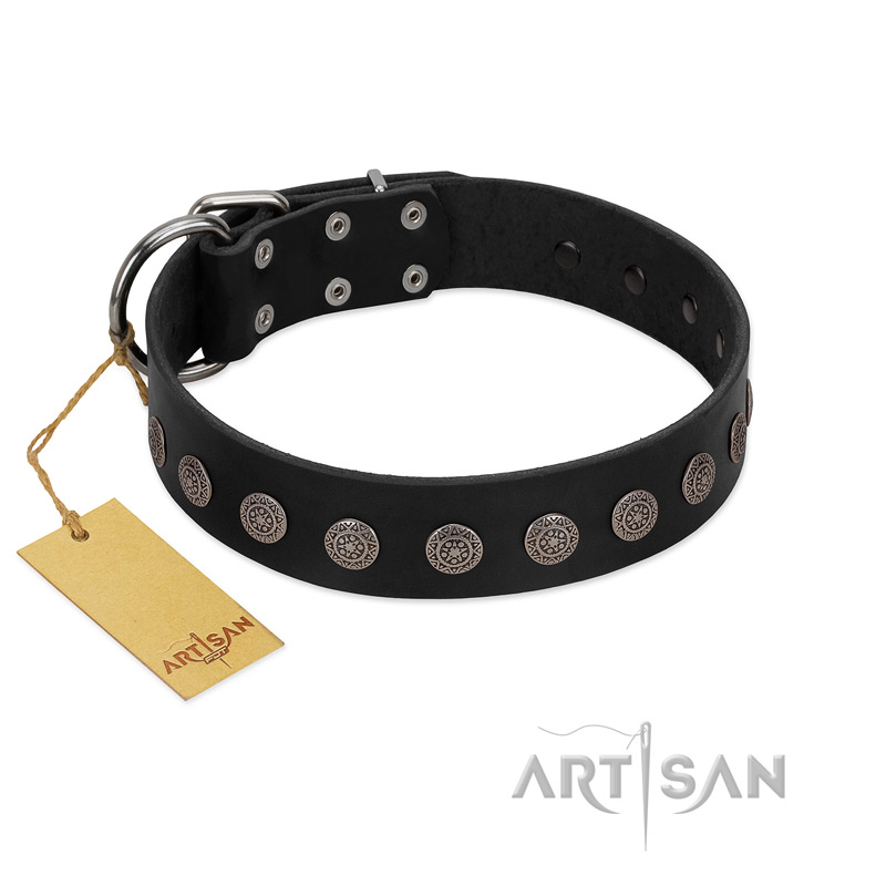 "Silent Star" Handmade FDT Artisan Designer Black Leather Bulldog Collar with Engraved Plates