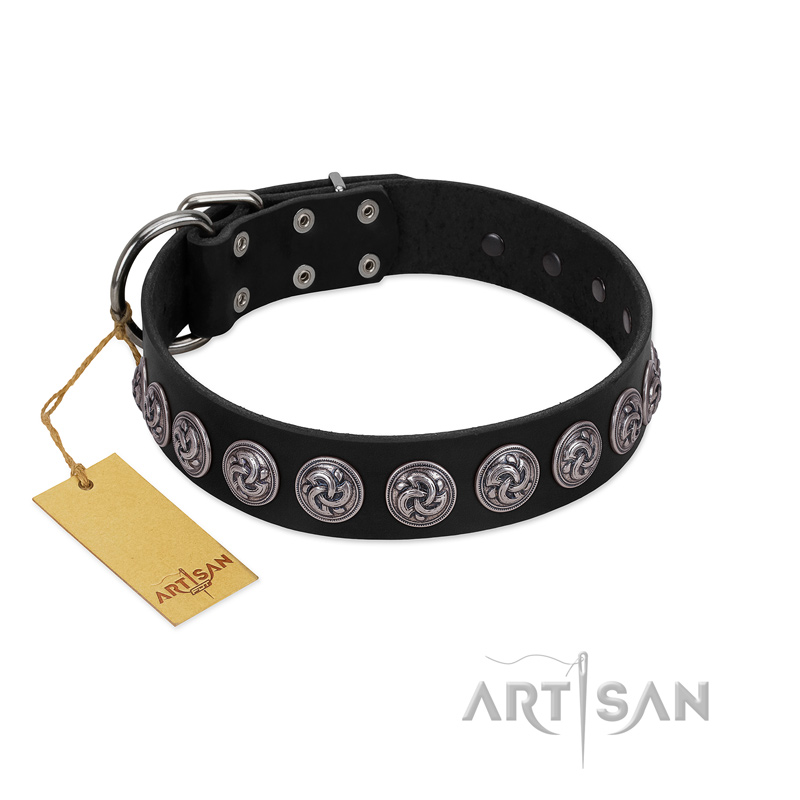 "Black Raven" Handmade FDT Artisan Black Leather Bulldog Collar with Silver-Like Adornments