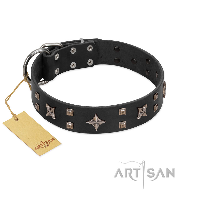 "Star Excitement" Modern FDT Artisan Black Leather Bulldog Collar with Studs and Stars