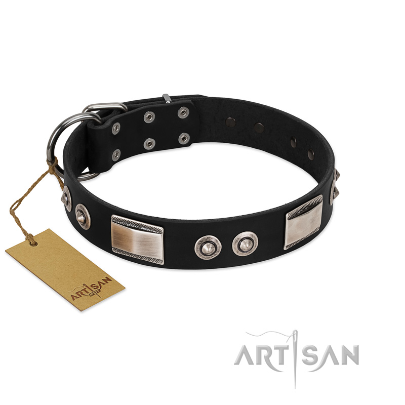 "Grand Wear" FDT Artisan Black Leather Bulldog Collar with Shining Plates and Spiked Studs