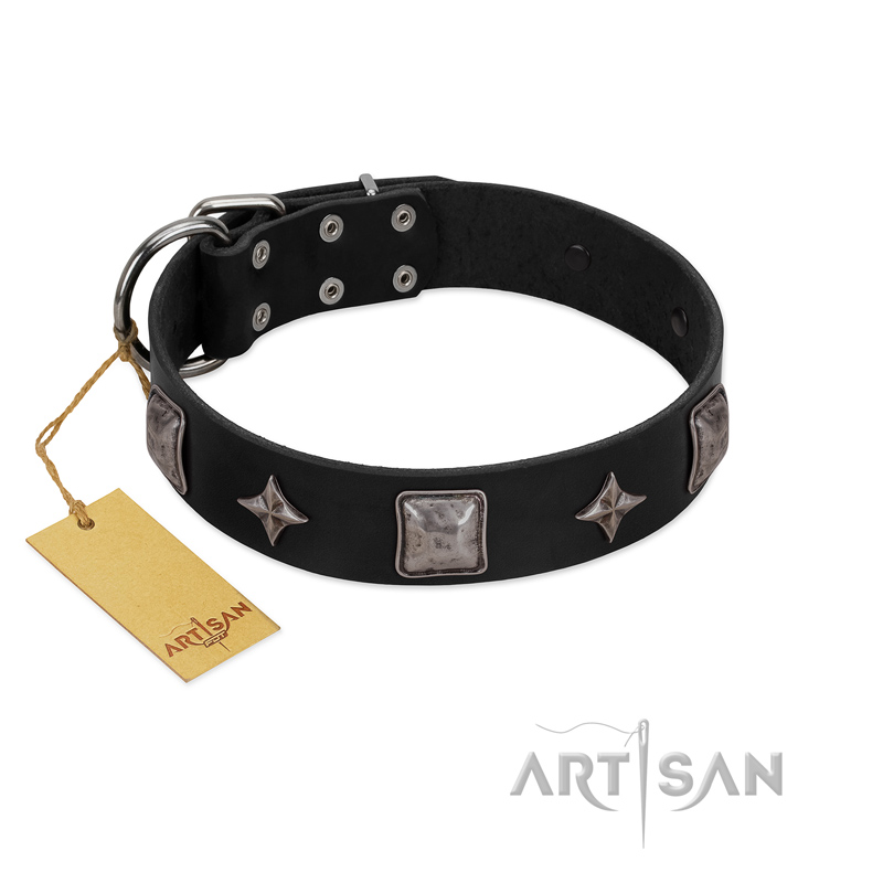 "Black Cavalier" Handmade FDT Artisan Black Leather Bulldog Collar with Silver-Like Stars and Large Plates