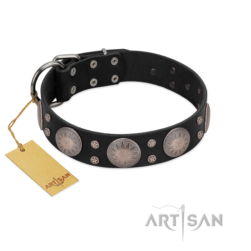 "Starry Sky" Trendy FDT Artisan Black Leather Bulldog Collar with Large Brooches