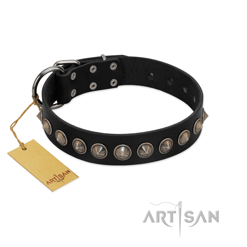 "Black Eagle" Handcrafted FDT Artisan Black Leather Bulldog Collar with Silver-Like Adornments